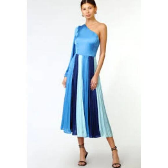 Adelyn Rae Cher One Shoulder Pleated Colorblock Midi Dress Lapis Blue Size Small - Picture 2 of 11